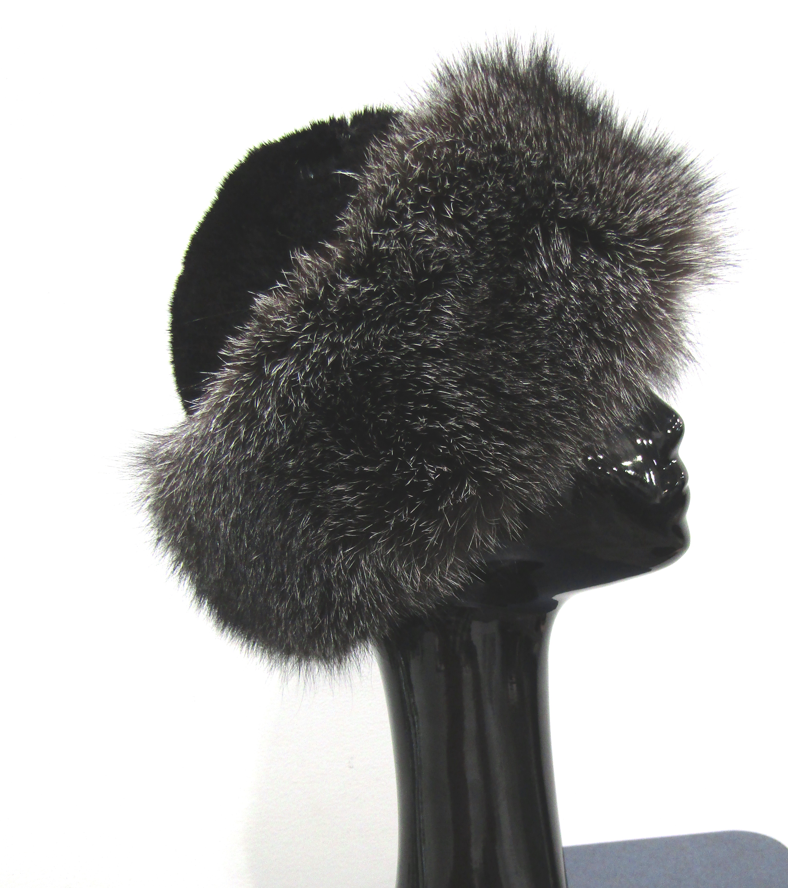 New Black Dyed Mink & Natural Indigo Fox Cuff Hat