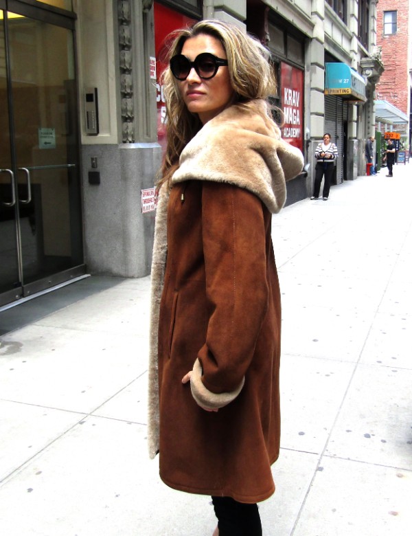 New Rust Shearling 3/4 Coat w/ Cape Collar / Hood ( size: 14) - Madison Avenue Furs & Henry 