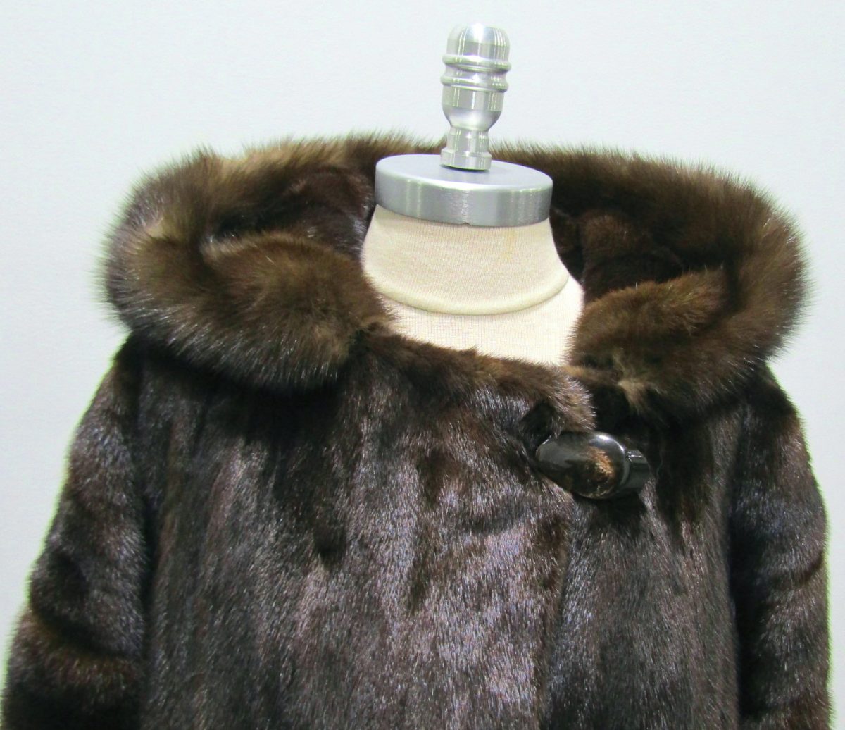 Pre-Owned XXXL Natural Mahogany Mink 3/4 Coat w/ Russian Sable Trimmed Hood  (size: 20 - 40) - Madison Avenue Furs & Henry Cowit, Inc.