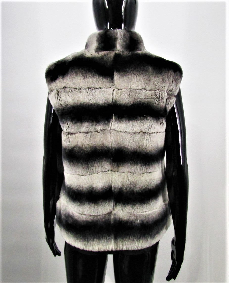 The Dakota Chinchilla Grey Rabbit Fur Vest with Hood & Belt